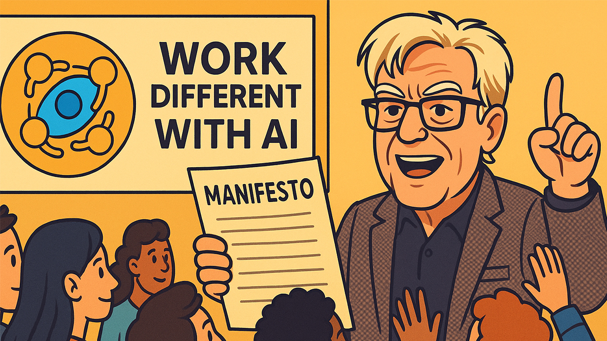 Cartoon illustration of smiling business professional with glasses pointing upward, holding a manifesto document, with 'Work Different with AI' text and network diagram logo, surrounded by diverse team members in orange-toned design